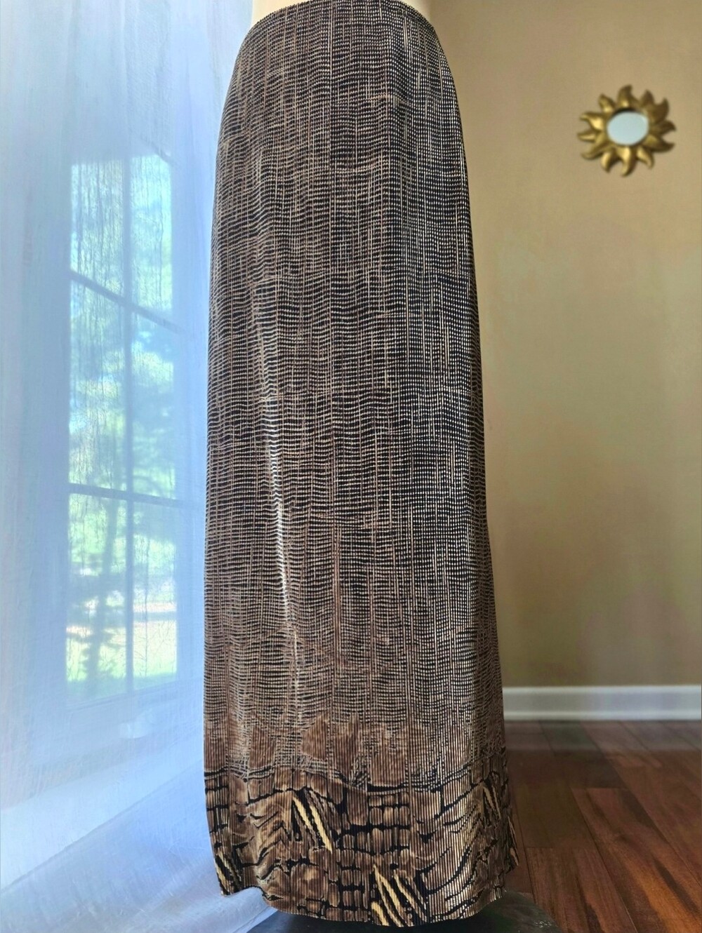 Vintage Rafael Crinkle Maxi Skirt Brown Black Abstract Pleated Stretchy Size L